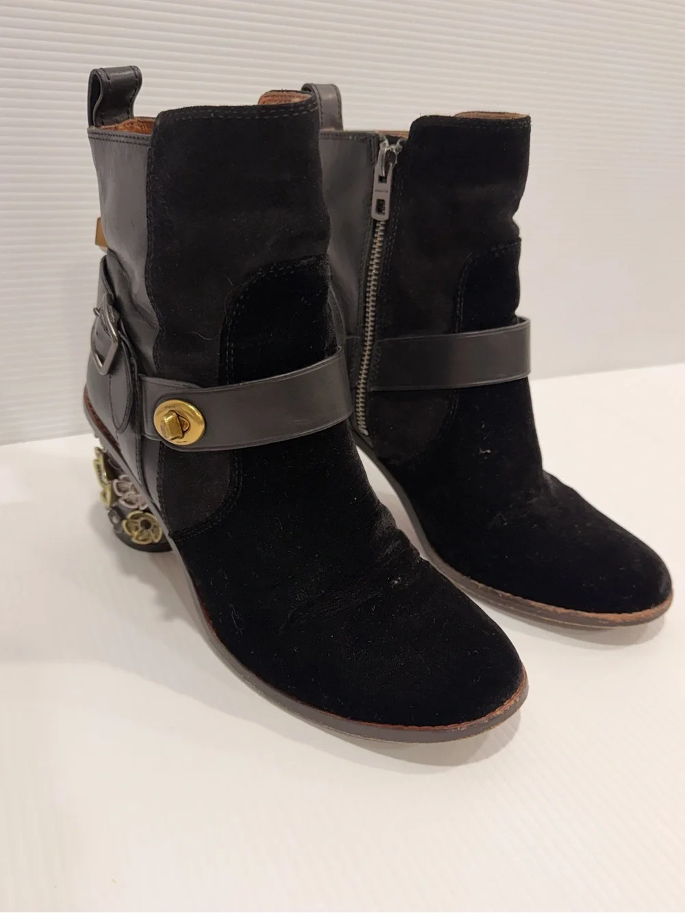 Coach Black Suede Ankle Boots with Leather Strap & Gold Accent